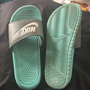 Nike Women's Teal and Gray Slide Sandals
